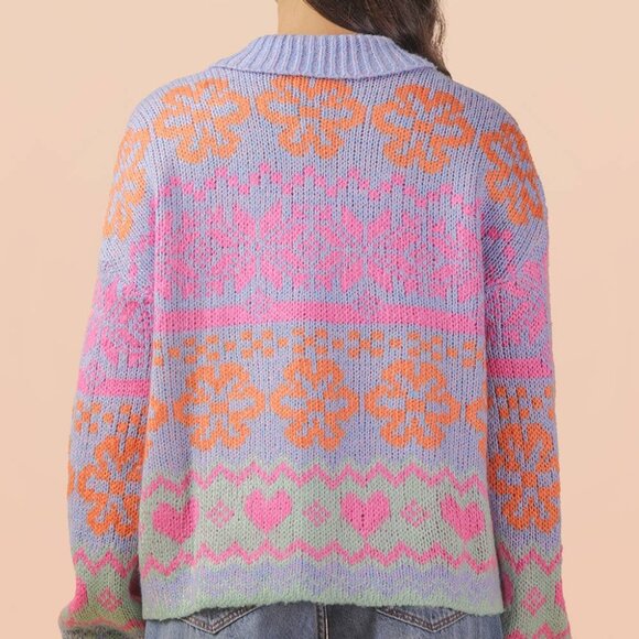 New In Oversized Button Down Pastel Graphic Knit Sweater Top - Picture 7 of 7